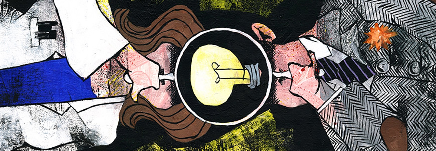 illustration of people sideways holding magnifying glass over light bulb