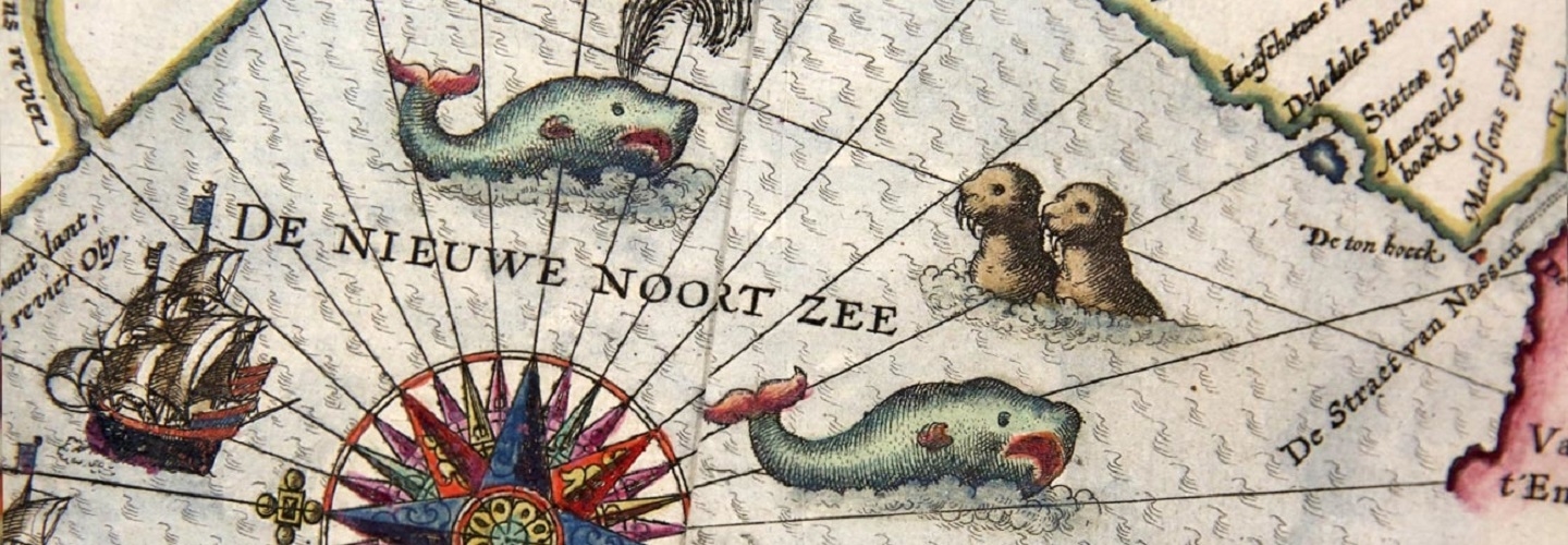 Historical map showing whales, walruses, ships, and a compass rose.