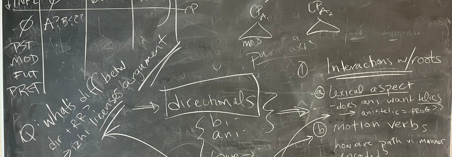 A blackboard chocked full of possible analyses of Ojibwe preverbs