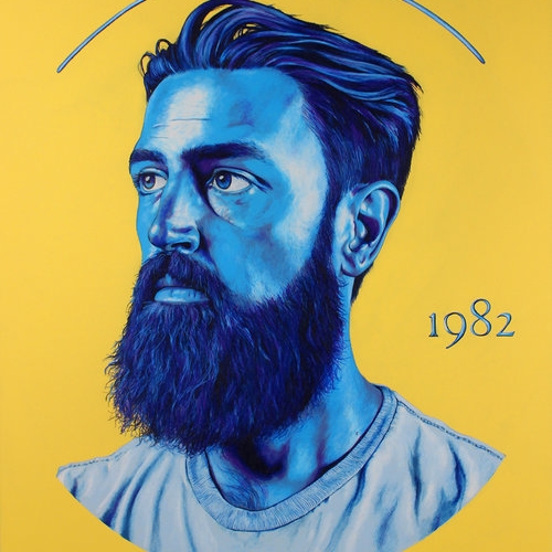 Colored pencil portrait of bearded man in blue tones against a yellow background