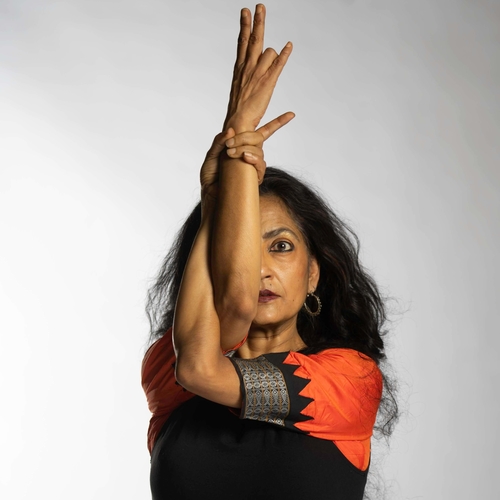Brown South Asian woman looks at the camera. Her arms are twisted around each other and raised so only half of her face is visible.