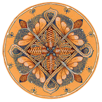 Circular mandala design on orange with insect elements