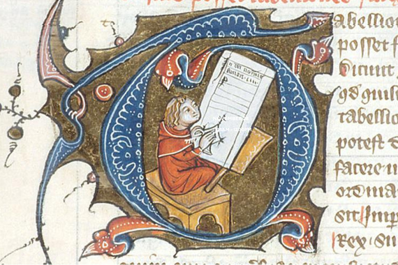 Detail of a painted manuscript featuring a seated figure who is in the process of producing calligraphic writing.