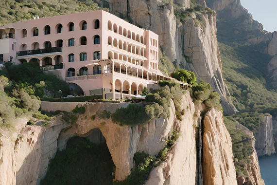opulent hotel crumbling on cliffside