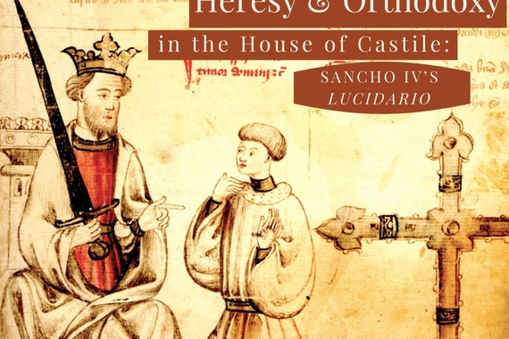 A promotional poster listing event information. Underneath: An illustration of a court scene, king with sword in hand seated to the left, a boy to the right kneeling, from a manuscript in the Biblioteca Nacional de España.  
