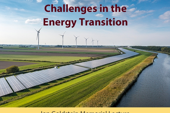 Title "Challenges in the Energy Transition" in front of a photo of blue skies, wind turbines, green fields, a stream, and solar panels