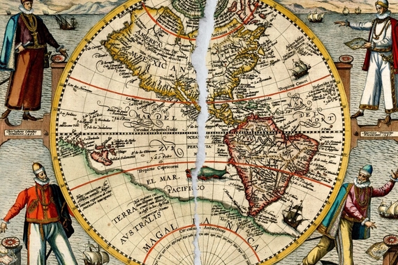 Event poster: Circular two-dimensional world map with 4 early modern figures standing around 