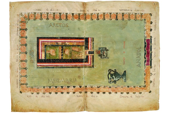 Stylized few of the first temple. The image is hand drawn and colored and presents a bird's eye view of the temple's plan. 
