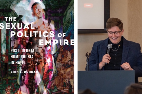 The cover of The Sexual Politics of Empire a collage with a Black person in the center, and a photo of Erin Durban speaking with a microphone