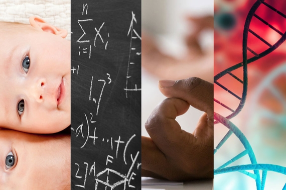 4 panels that contains twins, math formulas on a chalkboard, hands meditating, and DNA