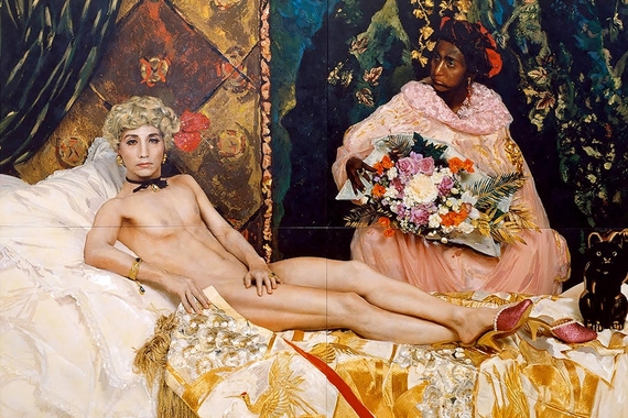 Futago portrait by Yasumasa Morimura showing the artist reclining nude on a bed with a maid attending him