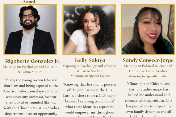 Three Chicano and Latino Students shown with their names, majors/minors, scholarships won, and short biographies