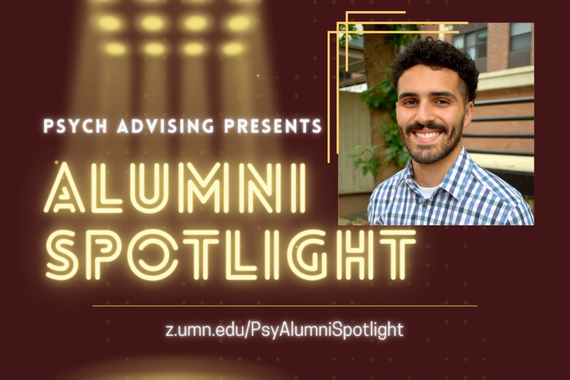 "Psych Advising Presents: Alumni Spotlight" with a headshot of Omar Ahmed, smiling and wearing a blue plaid shirt