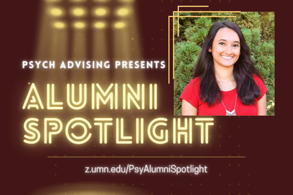 "Psych Advising Presents: Alumni Spotlight" image, with a headshot of Anusha Duggirala wearing a red shirt and smiling
