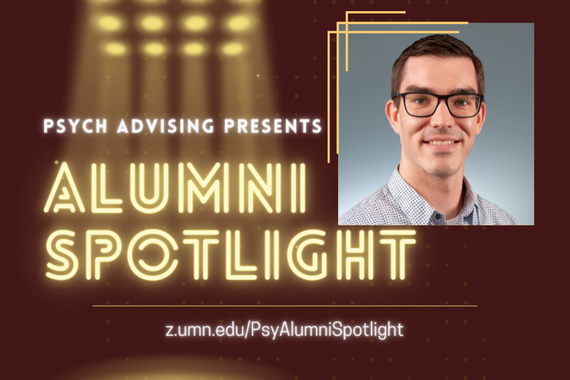 "Psych Advising Presents: Alumni Spotlight" image, with a headshot of Casey Giordano wearing black glasses, a grey shirt, and smiling