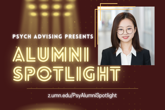 "Psych Advising Presents: Alumni Spotlight" image, with a headshot of Yuanjie Shen, wearing black glasses and a black suit, smiling