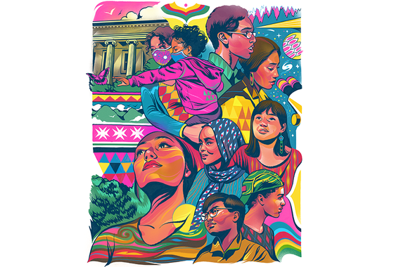 Colorful illustration of campus scenes and several people of all ages