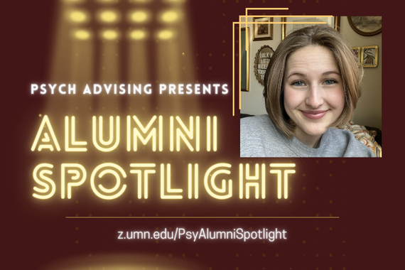 "Psych Advising Presents: Alumni Spotlight" image, with a headshot of Amanda Krinke, smiling, with photo frames in the background.