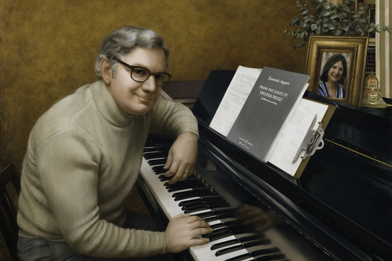 A portrait of Dominick Argento at the piano, painted by Suzann Beck.
