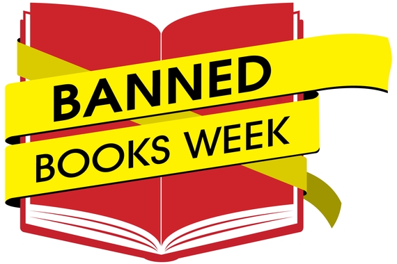 Red book graphic wrapped in yellow caution tape that says "Banned Books Week"