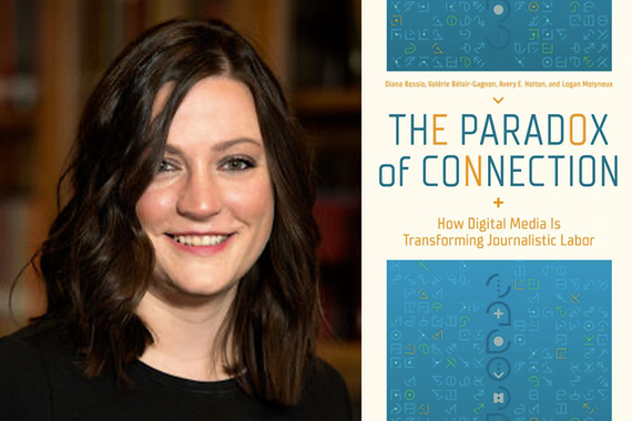 A headshot of Valérie Bélair-Gagnon to the left and a picture of her blue and white book, The Paradox of Connection, to the right