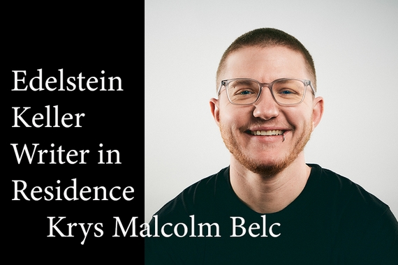 Banner with black background, head and shoulders photo of person with short dark hair and light skin, wearing glasses and black shirt, with text: Edelstein Keller Writer in Residence Krys Malcolm Belc