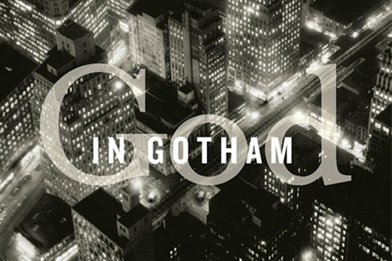 Detail from cover of Jon Butler book God in Gotham. The words God in Gotham are laid over a black and white photo of New York City at night taken from above.