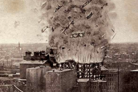 A stereoscope card from 1878 illustrated the moment the Minneapolis "A" Mill exploded. For a half-mile around, windows shattered. Houses shook as far away as St. Paul.
