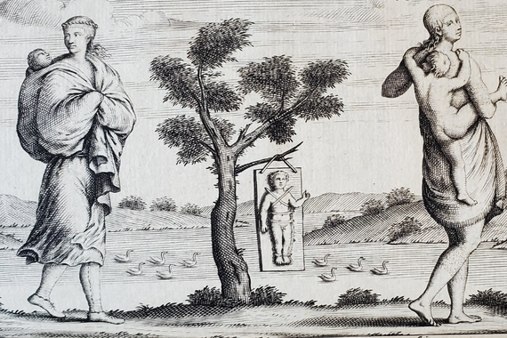 A black and white print that features three figures. A woman stand on the left with a baby strapped to her bacl. In the center, a baby is bound to a board hanging from a low tree. On the right, a woman holds a baby on her back.