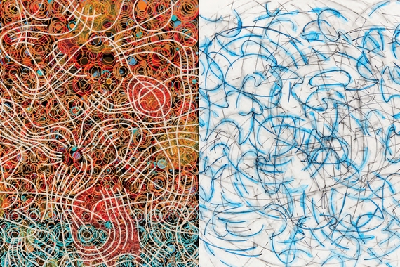 Details of two abstract paintings: on left white lines atop red, yellow, and blue swirls on black. On right, blue and black lines swirling on white.