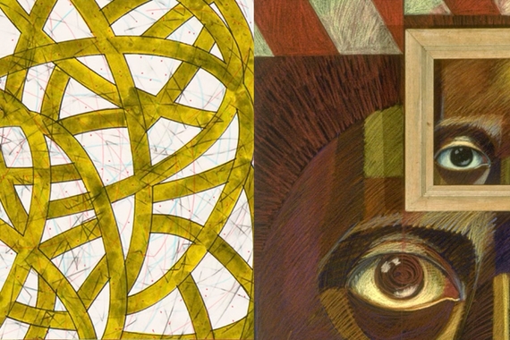 Composite of two artworks: yellow swirls on white at left and a person's eyes duplicated in a frame over their forehead at right.