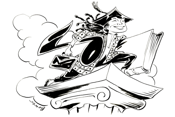 Illustration of a student standing on top of a pedestal holding a musical note, a briefcase, and a book