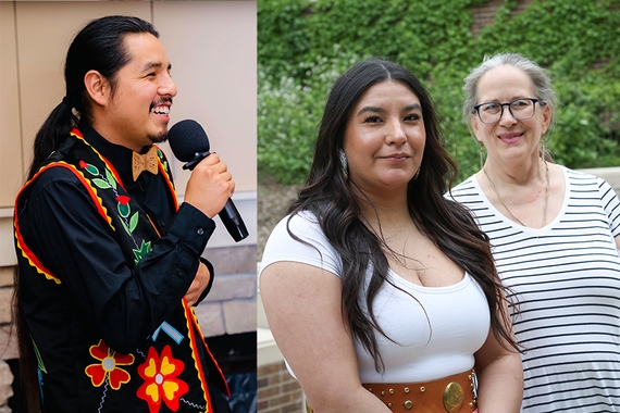 Left image: A male Indigenous student with a black ponytail and flowery vest speaks with a microphone. Right image: A young Indigenous woman with long black hair and a white shirt stands next to an older white woman with gray hair and a striped shirt