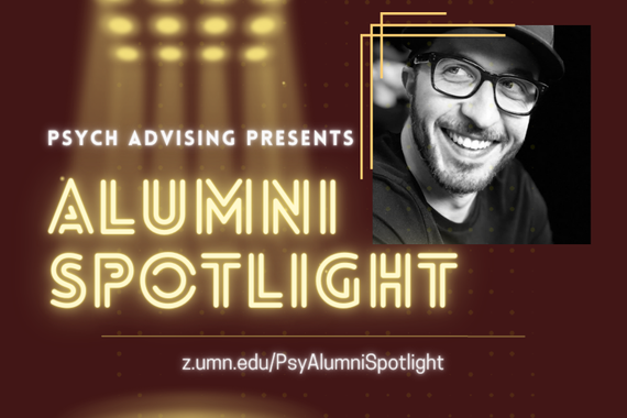 "Psych Advising Presents: Alumni Spotlight" image, with a black and white headshot of Ben Hering, smiling and wearing dark frame glasses
