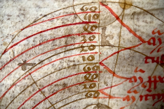 Astronomical diagram featuring curved lines and numeric markings, circa 13th century. Part of the James Ford Bell Library Collection.