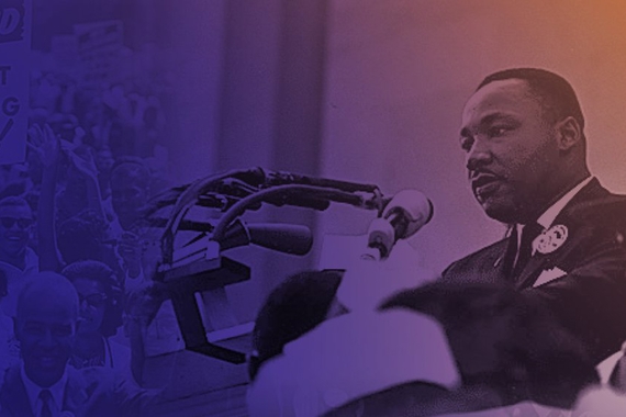 Martin Luther King, Jr at a microphone with a blue, purple, and orange gradient