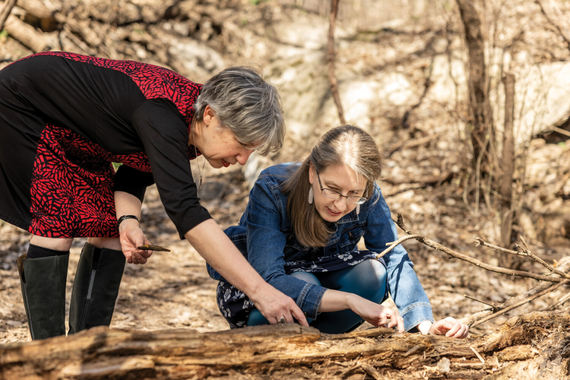 Kathryn Nuernberger and Marlene Zuk reach toward a log in a wooded area