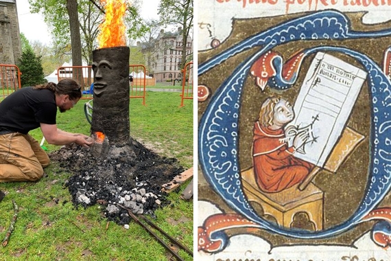 Two scenes of medieval craft. On the left, a man kneels tending the fire in a modern experimental bloomery smelt. On the right, a medieval manuscript shows a scribe at work.