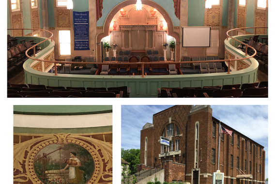 A three image collage showing the interior and exterior of the Holiness/Pentecostal First Church of God in Christ.