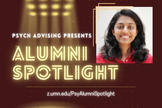 "Psych Advising Presents: Alumni Spotlight" image, with a headshot of Rucha Markale, smiling and wearing a red shirt with a white background