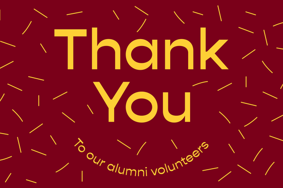 A maroon backdrop with yellow confetti and the words thank you to our alumni volunteers