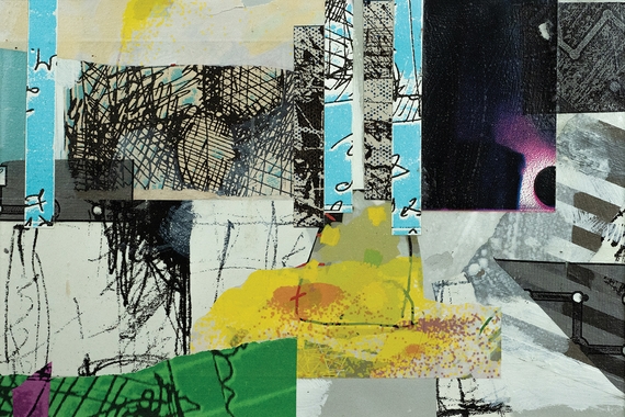 Digital collage of various blocks of blue, yellow, green, and gray with scribbled marks and snippets of photographs