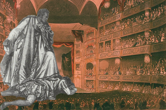 Collage image of two figure on top of a stage from the 18th century.