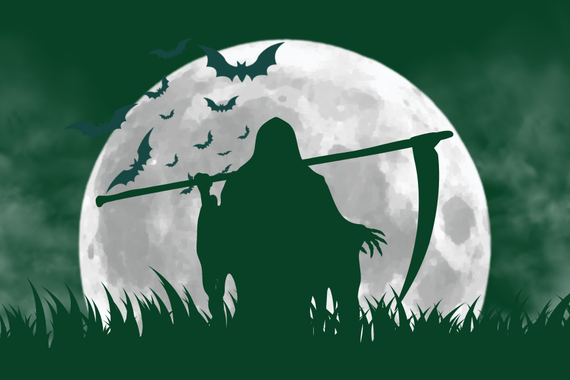 Moon with silhouette of bats and Grim Reaper in front