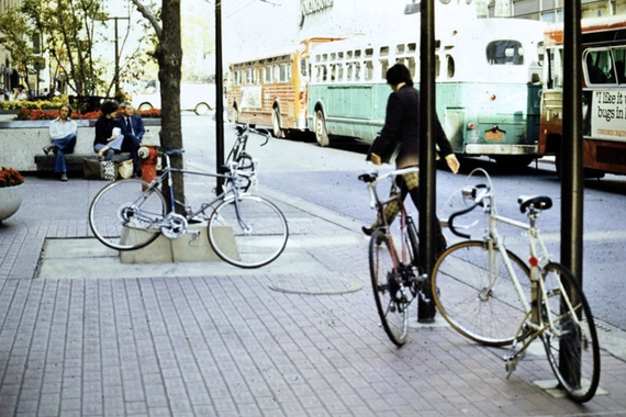 Scene of bikes parked on the sidewalk on Nicollet Mall in 1974