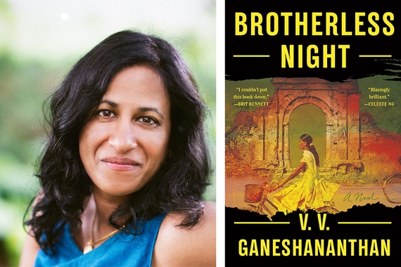 On left, person with dark hair to shoulders, light brown skin, wearing blue shirt; on right, illustration of woman in white dress in front of ruins, with yellow text at top and bottom: Brotherless Night, V. V. Ganeshananthan