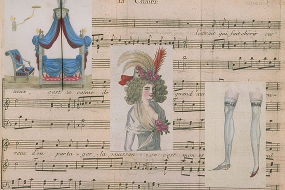 Illustration of French woman with fashionable dress set over sheet music