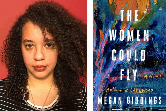 On left, person with dark hair to shoulders, light brow skin, wearing striped shirt; on right, book cover abstract color background and large white letters: The Women Could Fly, Megan Giddings