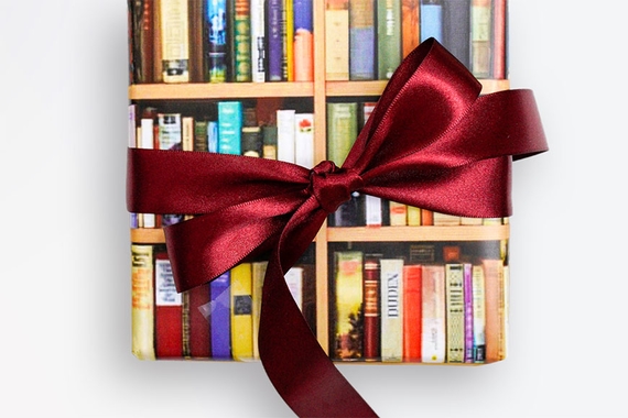 Gift wrapped with a picture of a book shelf