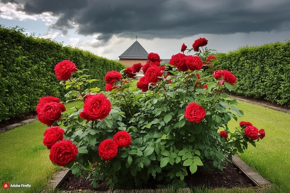 Rosebush in a garden with a stormy sky
